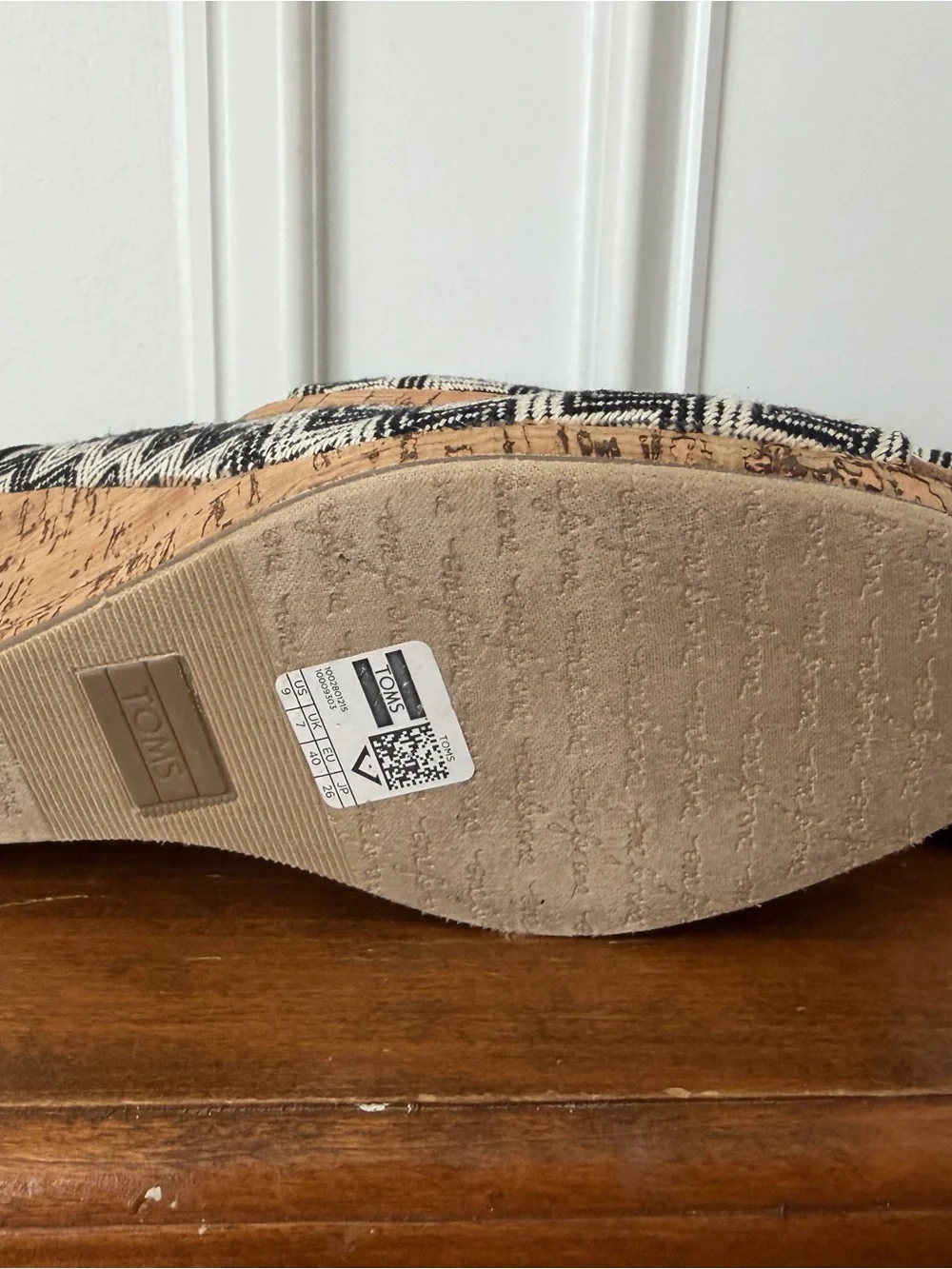 Toms Black & White Chevron Cork Wedge Peep-Toe Shoes